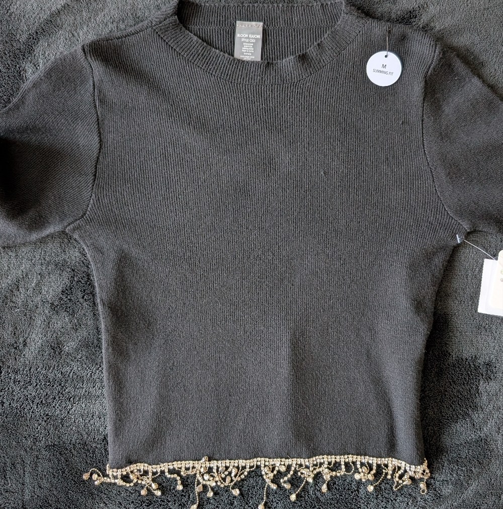 NWT Rhinestone Fringe Cropped Black Sweater Night Out Baddie Going Out Top M image 5